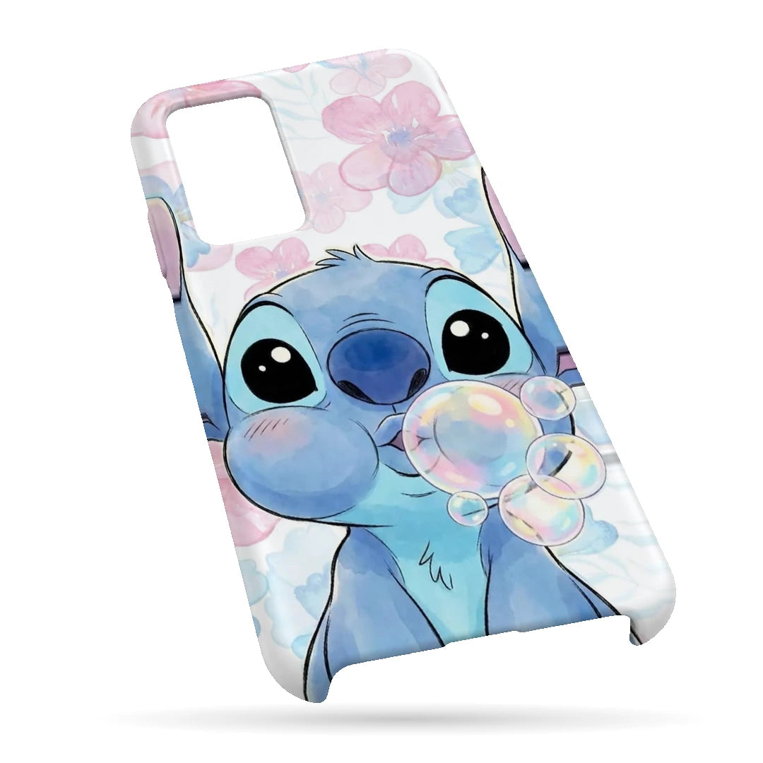 Stitch Blossom Bubbles 3D Print Samsung A32 4G Phone Case, bottom view; a blue Stitch character blowing bubbles among pale pink blossoms