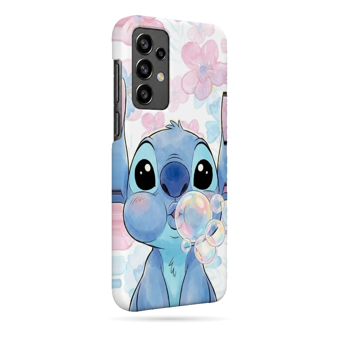 Stitch Blossom Bubbles 3D Print Samsung A32 4G Phone Case, right-side view; a blue Stitch character blowing bubbles among pale pink blossoms