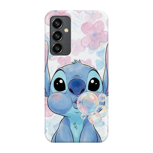 Stitch Blossom Bubbles 3D Print Samsung S23 FE Phone Case, back view; a blue Stitch character blowing bubbles among pale pink blossoms