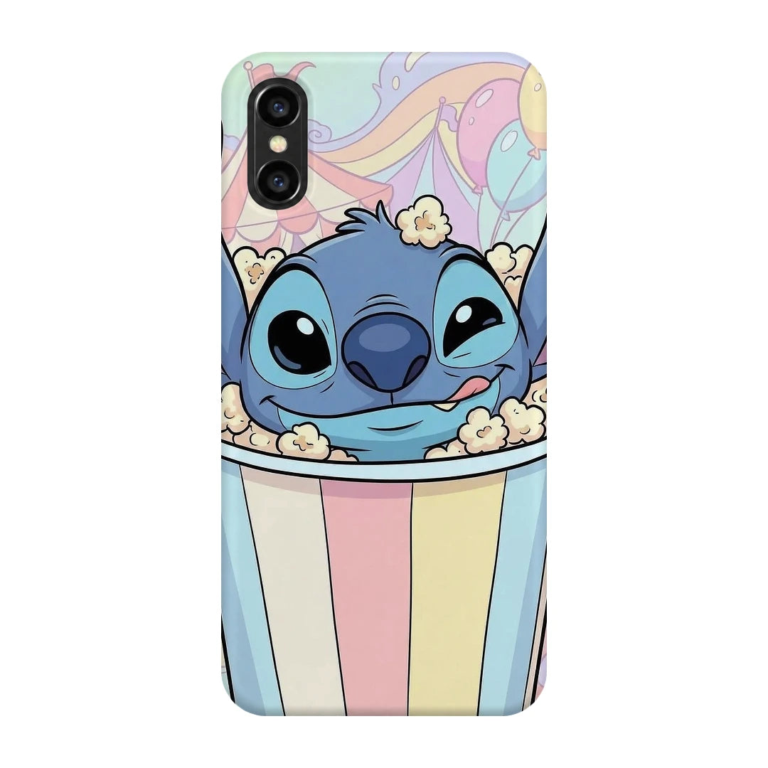 Stitch Popcorn 3D Print iPhone XS Max Phone Case, back view; a blue Stitch character peeking out of a pastel-striped popcorn tub