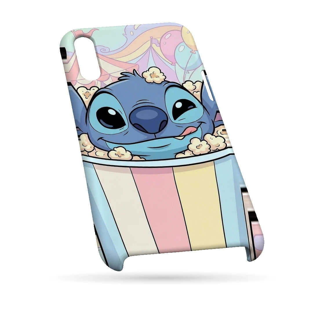 Stitch Popcorn 3D Print iPhone XS Max Phone Case, bottom view; a blue Stitch character peeking out of a pastel-striped popcorn tub