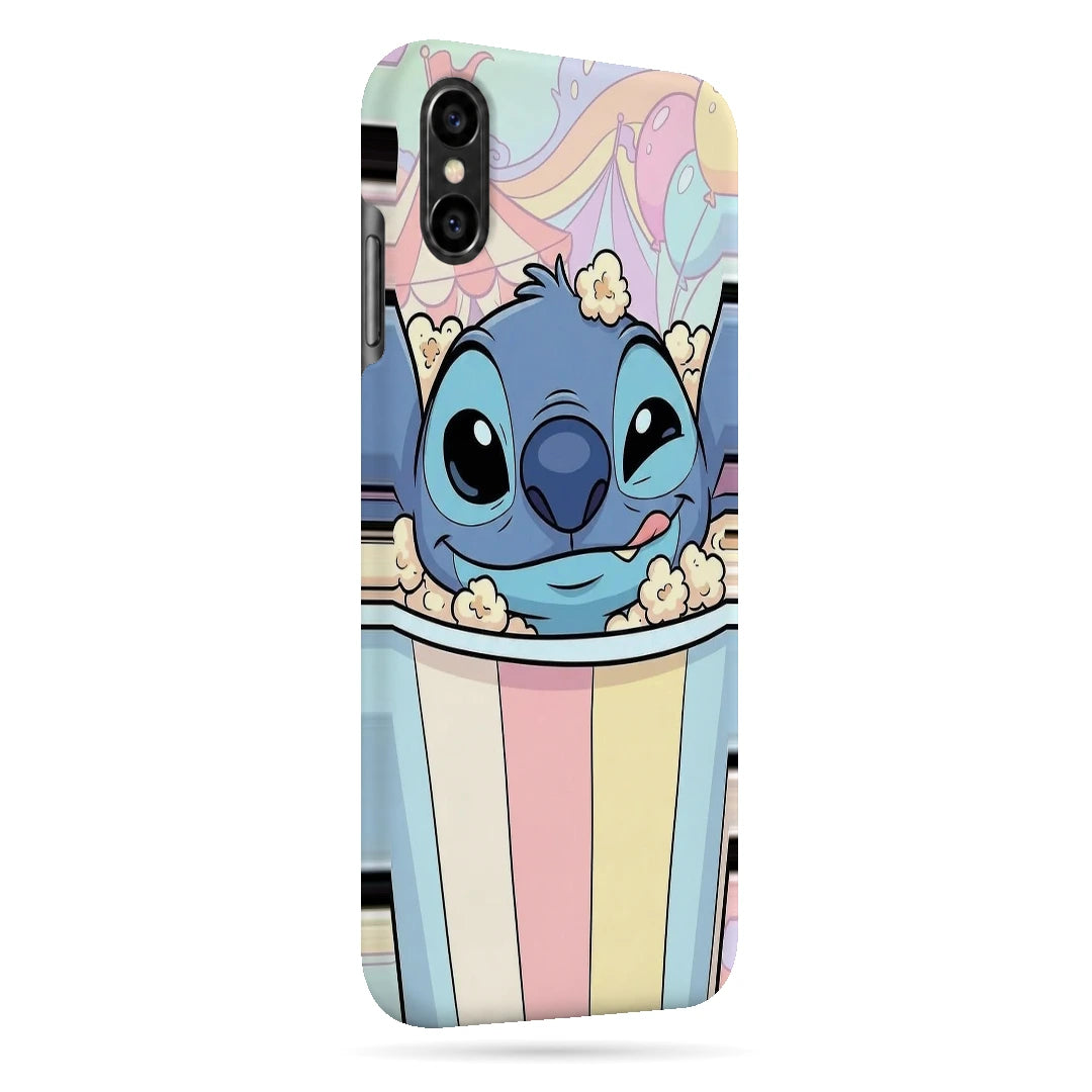 Stitch Popcorn 3D Print iPhone XS Max Phone Case, right-side view; a blue Stitch character peeking out of a pastel-striped popcorn tub