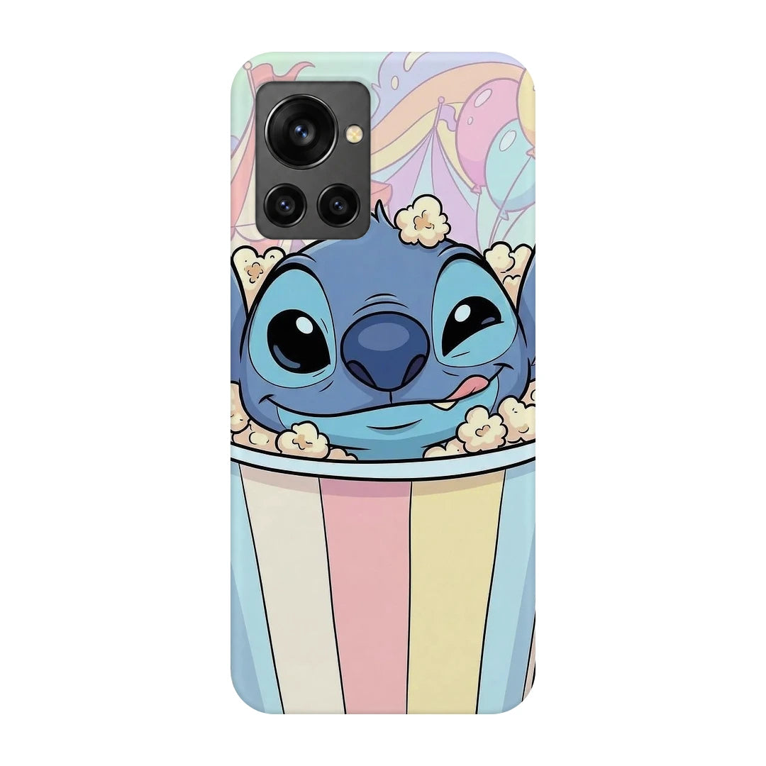 Stitch Popcorn 3D Print OnePlus 10R Phone Case, back view; a blue Stitch character peeking out of a pastel-striped popcorn tub