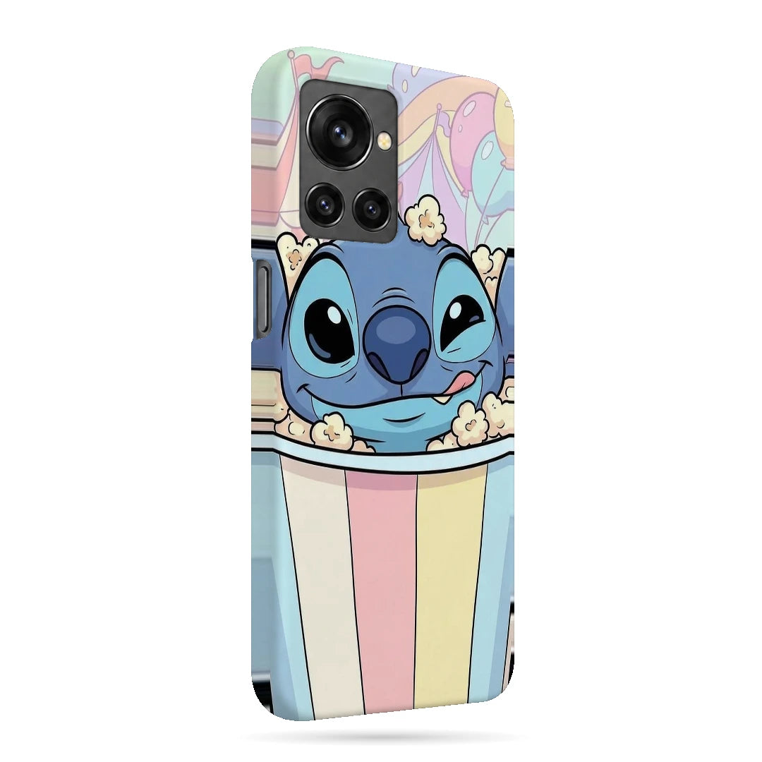 Stitch Popcorn 3D Print OnePlus 10R Phone Case, right-side view; a blue Stitch character peeking out of a pastel-striped popcorn tub