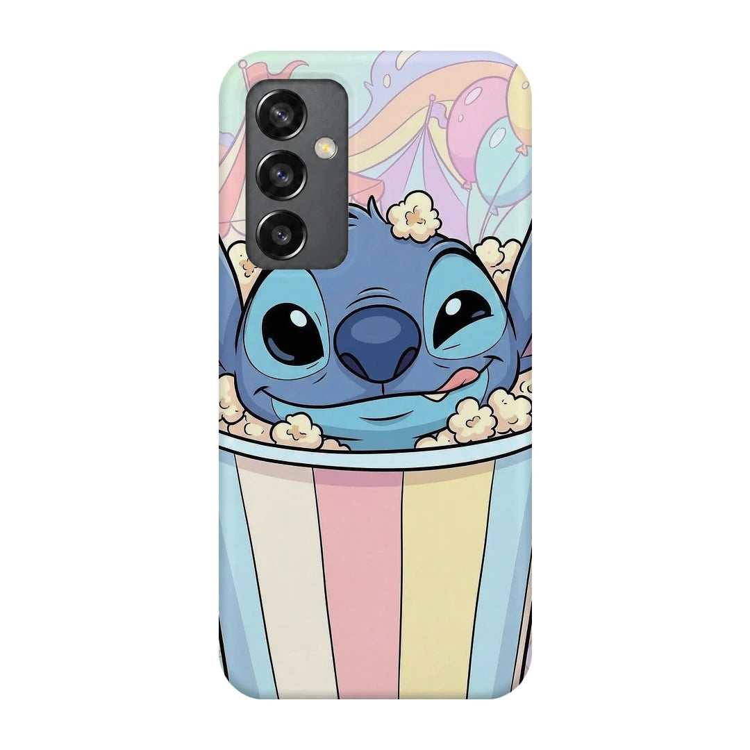 Stitch Popcorn 3D Print Samsung A34 5G Phone Case, back view; a blue Stitch character peeking out of a pastel-striped popcorn tub