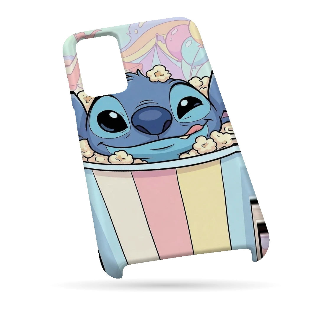 Stitch Popcorn 3D Print Samsung S21 FE Phone Case, bottom view; a blue Stitch character peeking out of a pastel-striped popcorn tub