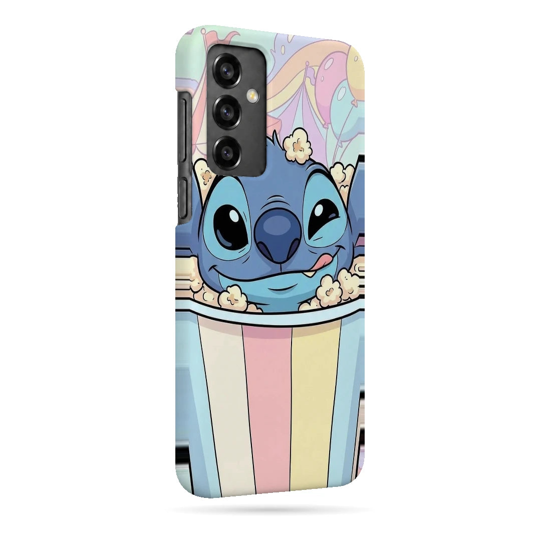 Stitch Popcorn 3D Print Samsung S21 FE Phone Case, right-side view; a blue Stitch character peeking out of a pastel-striped popcorn tub