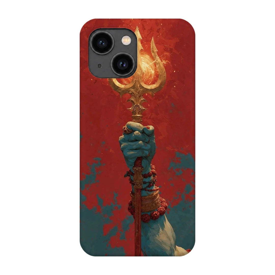 Trishul 3D Print iPhone 13 Phone Case, back view; a hand holding a gold trident against a textured red background