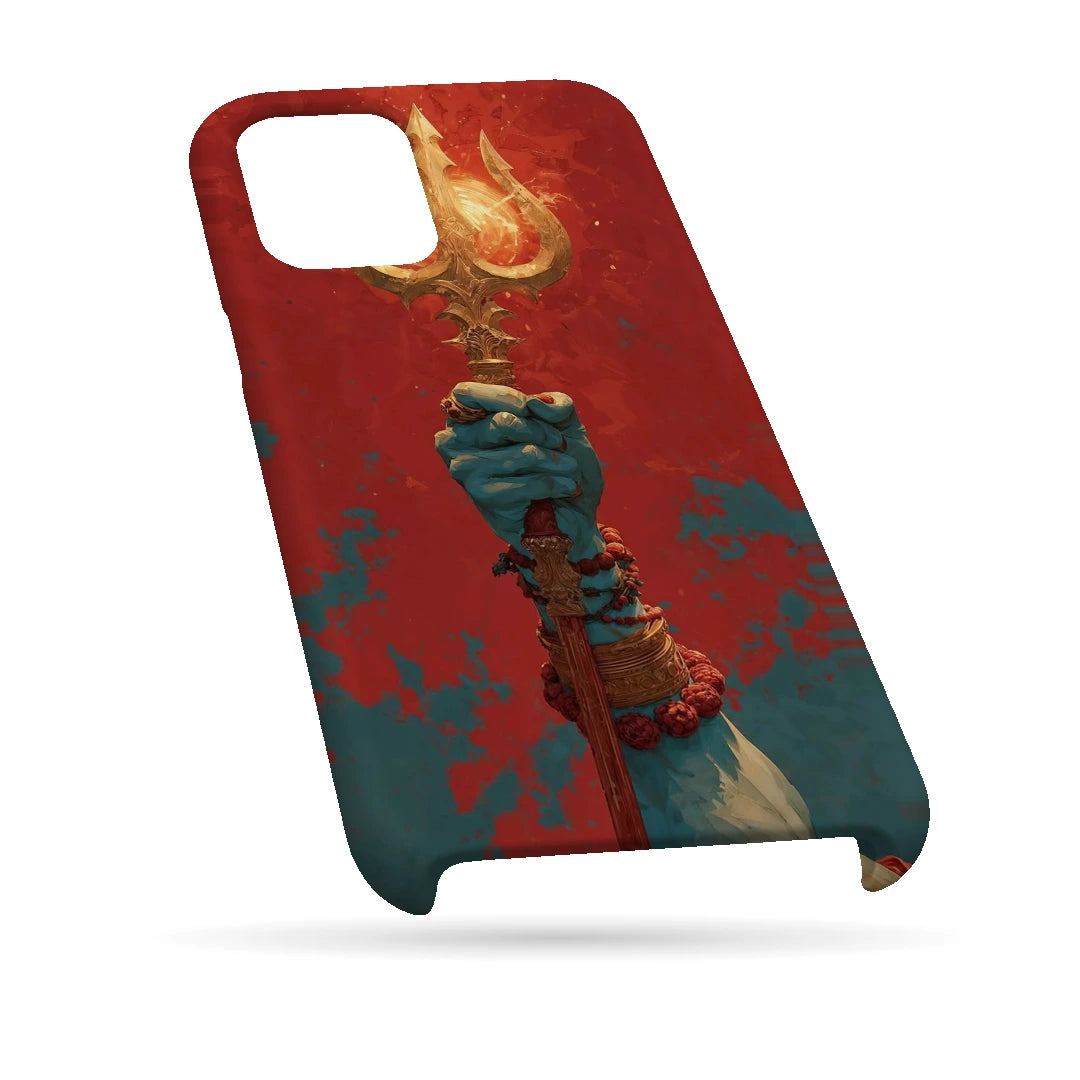 Trishul 3D Print iPhone 13 Phone Case, bottom view; a hand holding a gold trident against a textured red background