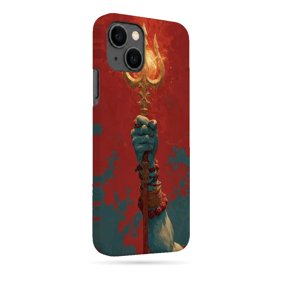 Trishul 3D Print iPhone 13 Phone Case, right-side view; a hand holding a gold trident against a textured red background