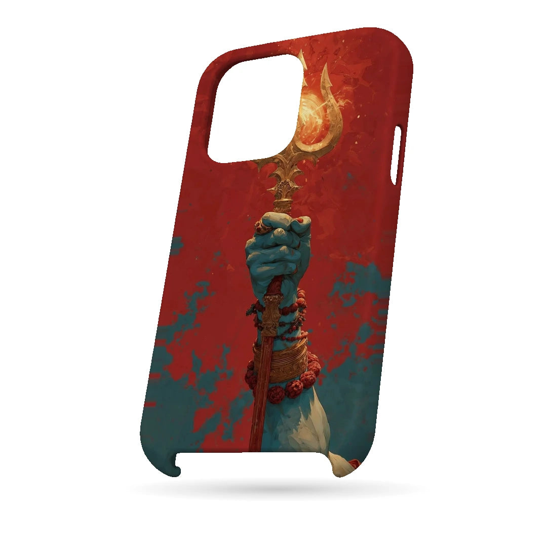Trishul 3D Print iPhone 14 Pro Phone Case, bottom view; a hand holding a gold trident against a textured red background