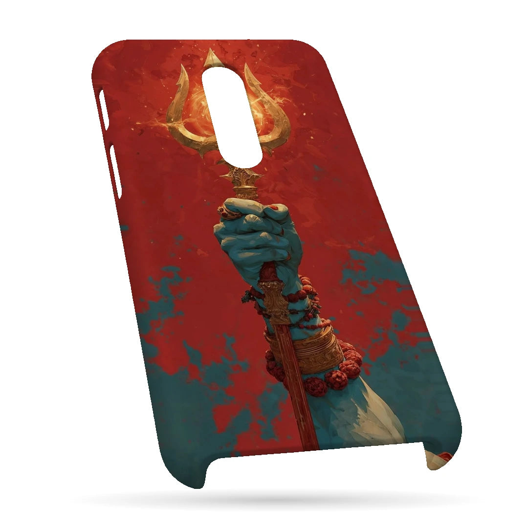 Trishul 3D Print OnePlus 6T Phone Case, bottom view; a hand holding a gold trident against a textured red background