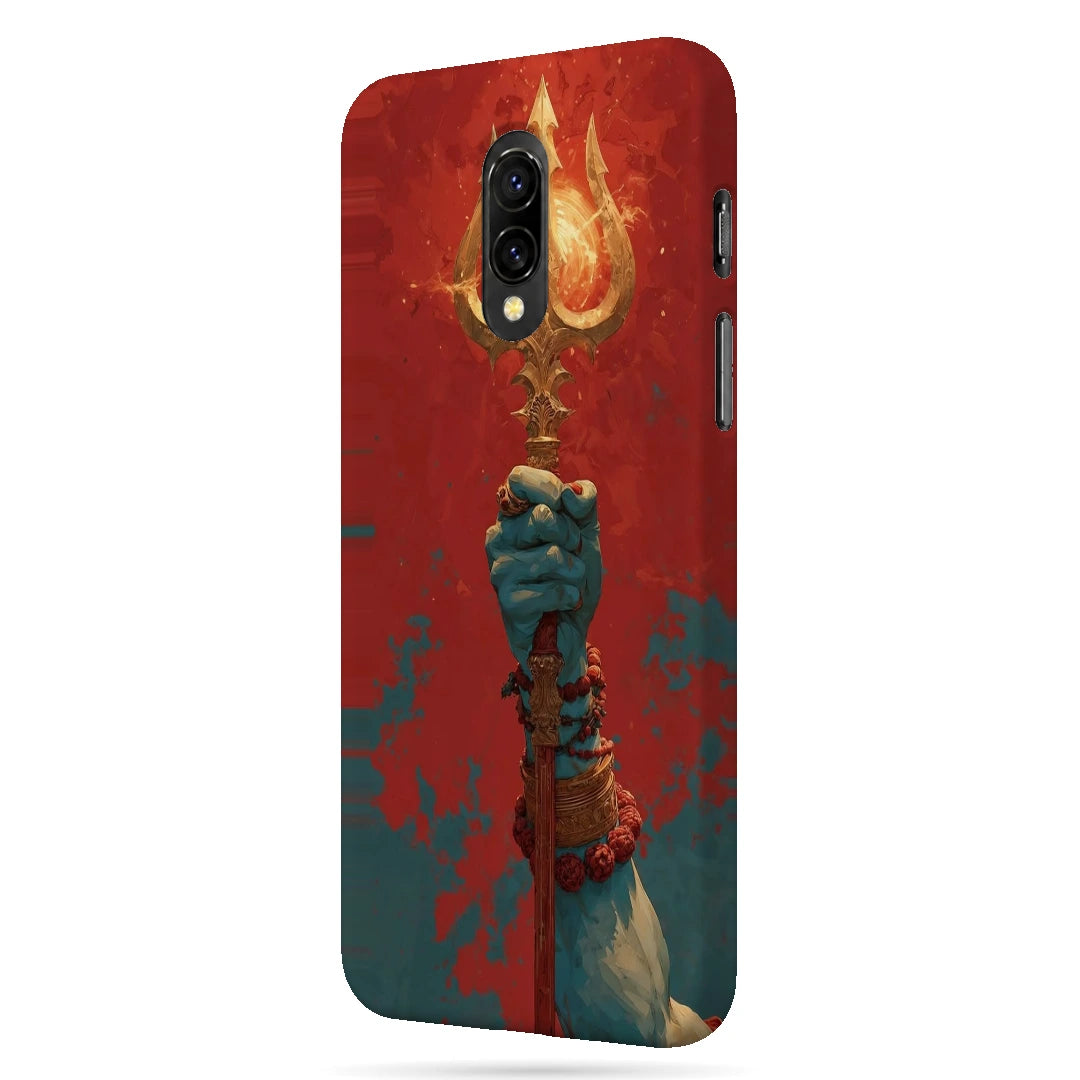 Trishul 3D Print OnePlus 7 Phone Case, right-side view; a hand holding a gold trident against a textured red background