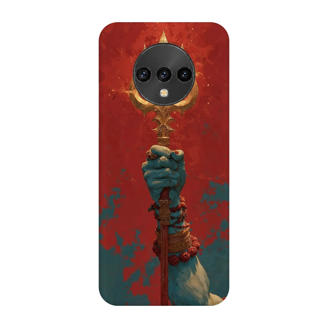 Trishul 3D Print OnePlus 7T Phone Case, back view; a hand holding a gold trident against a textured red background