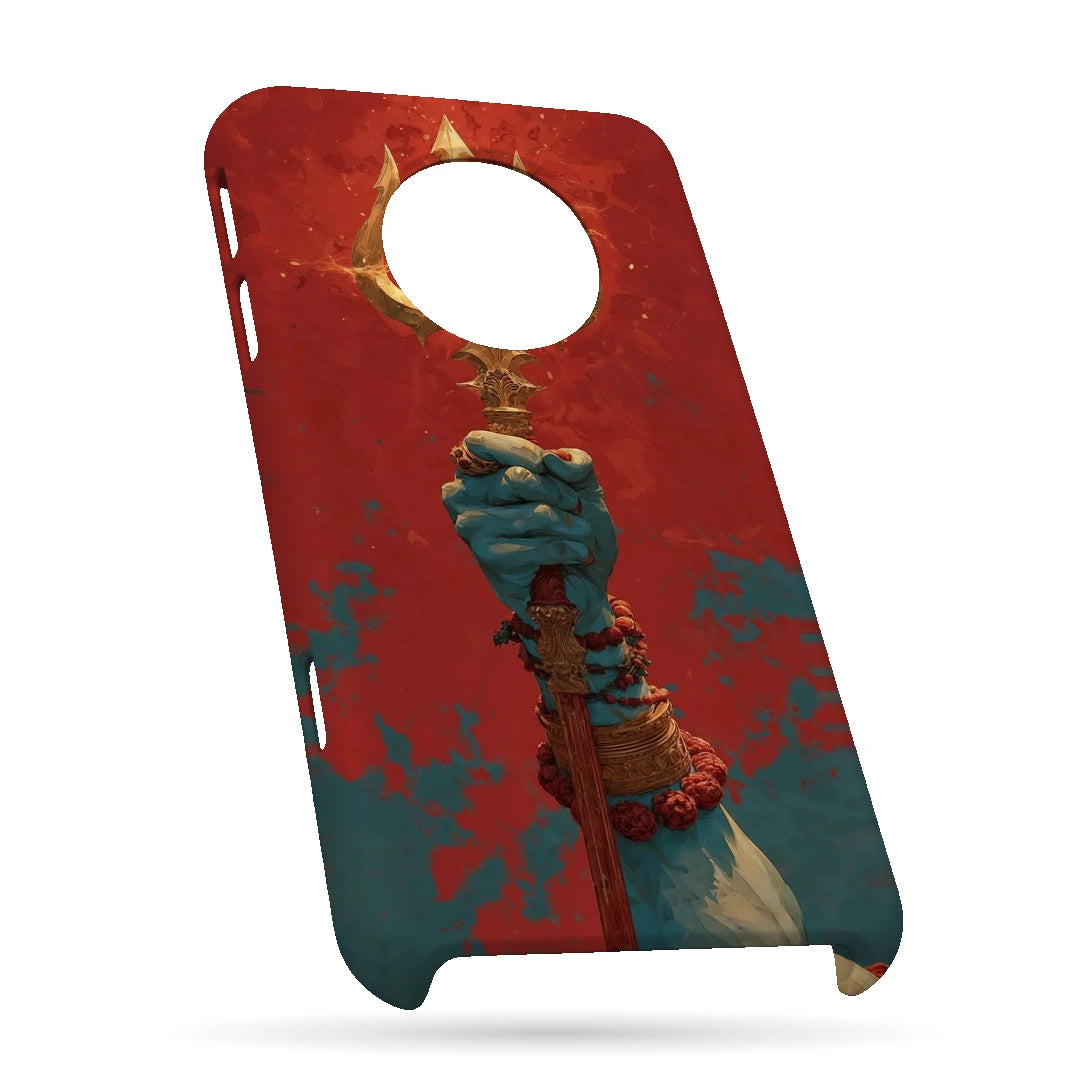 Trishul 3D Print OnePlus 7T Phone Case, bottom view; a hand holding a gold trident against a textured red background