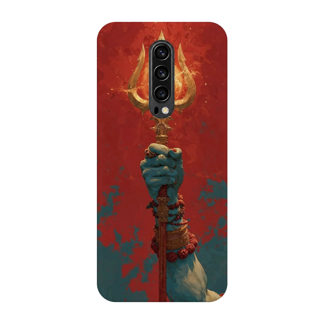 Trishul 3D Print OnePlus 7T Pro Phone Case, back view; a hand holding a gold trident against a textured red background