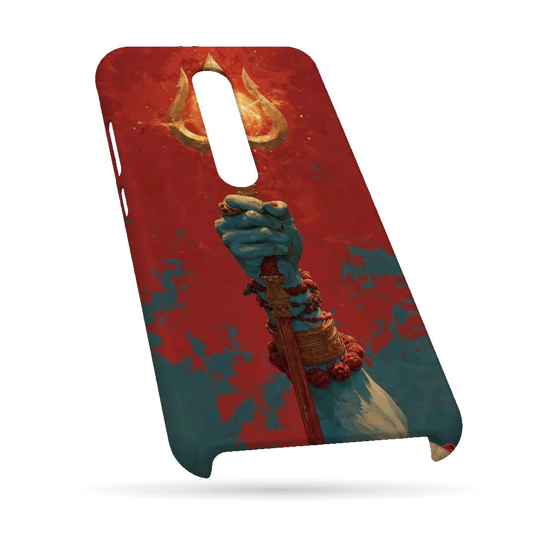 Trishul 3D Print OnePlus 7T Pro Phone Case, bottom view; a hand holding a gold trident against a textured red background