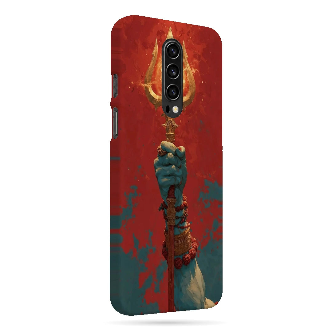 Trishul 3D Print OnePlus 7T Pro Phone Case, right-side view; a hand holding a gold trident against a textured red background
