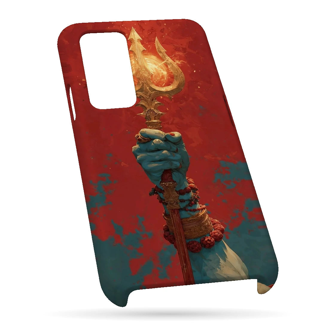 Trishul 3D Print OnePlus 8 Pro Phone Case, bottom view; a hand holding a gold trident against a textured red background