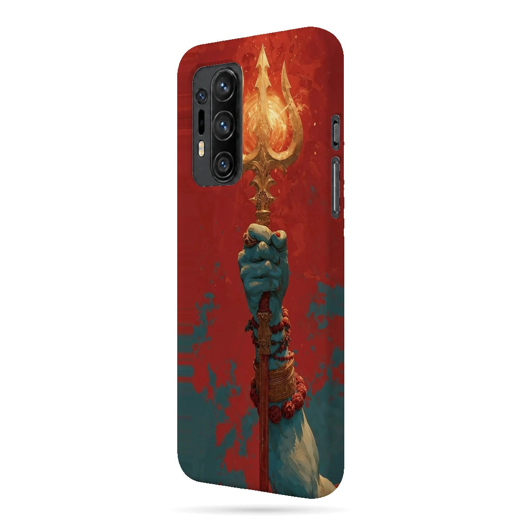 Trishul 3D Print OnePlus 8 Pro Phone Case, right-side view; a hand holding a gold trident against a textured red background