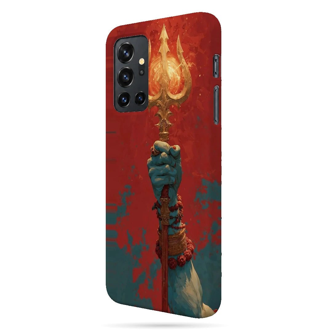 Trishul 3D Print OnePlus 8T Phone Case, right-side view; a hand holding a gold trident against a textured red background
