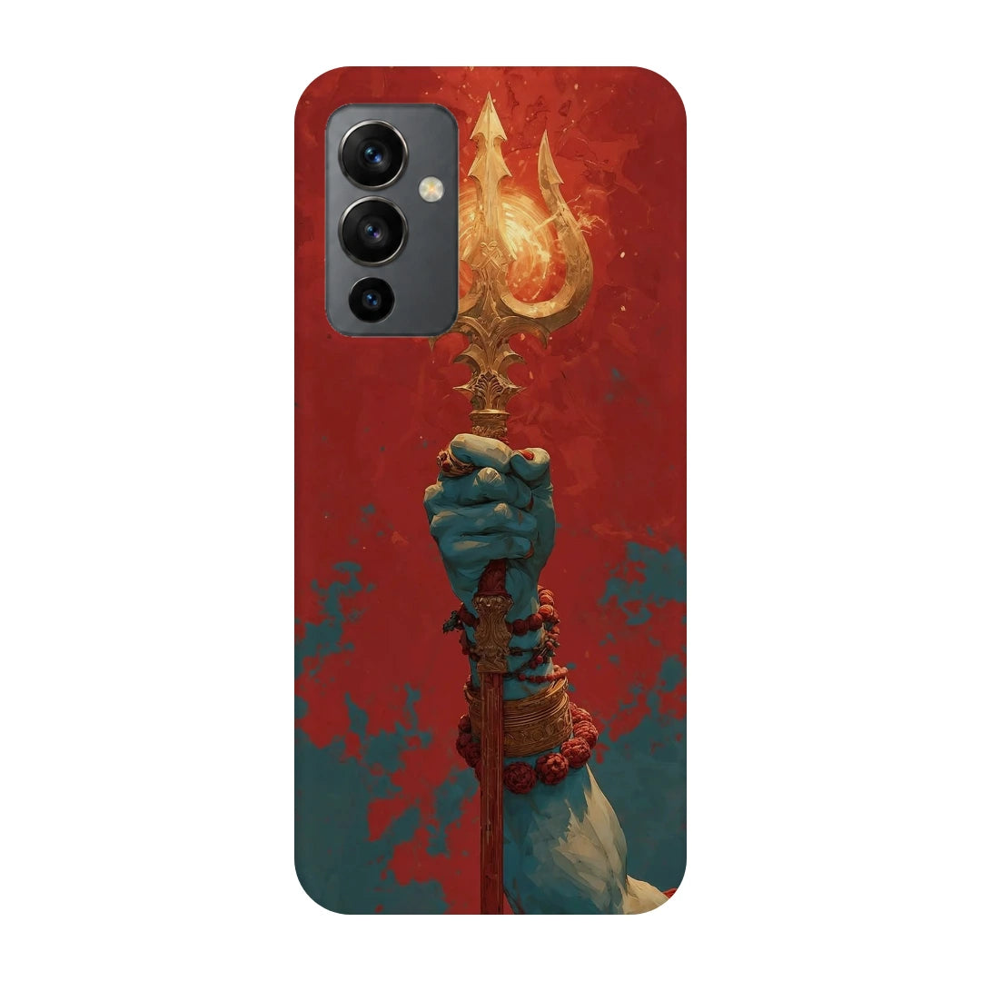 Trishul 3D Print OnePlus 9 Phone Case, back view; a hand holding a gold trident against a textured red background