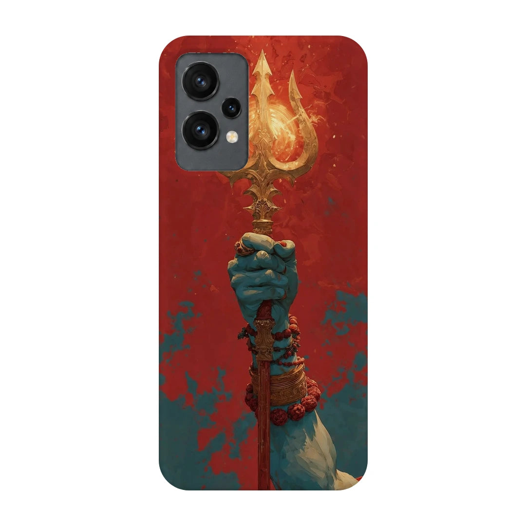 Trishul 3D Print OnePlus 9RT Phone Case, back view; a hand holding a gold trident against a textured red background
