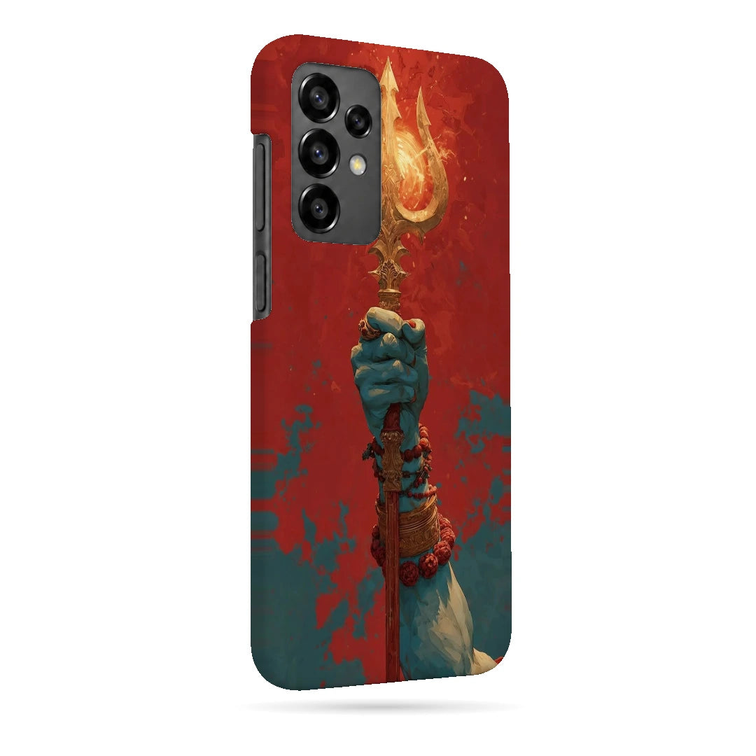 Trishul 3D Print Samsung A13 4G Phone Case, right-side view; a hand holding a gold trident against a textured red background