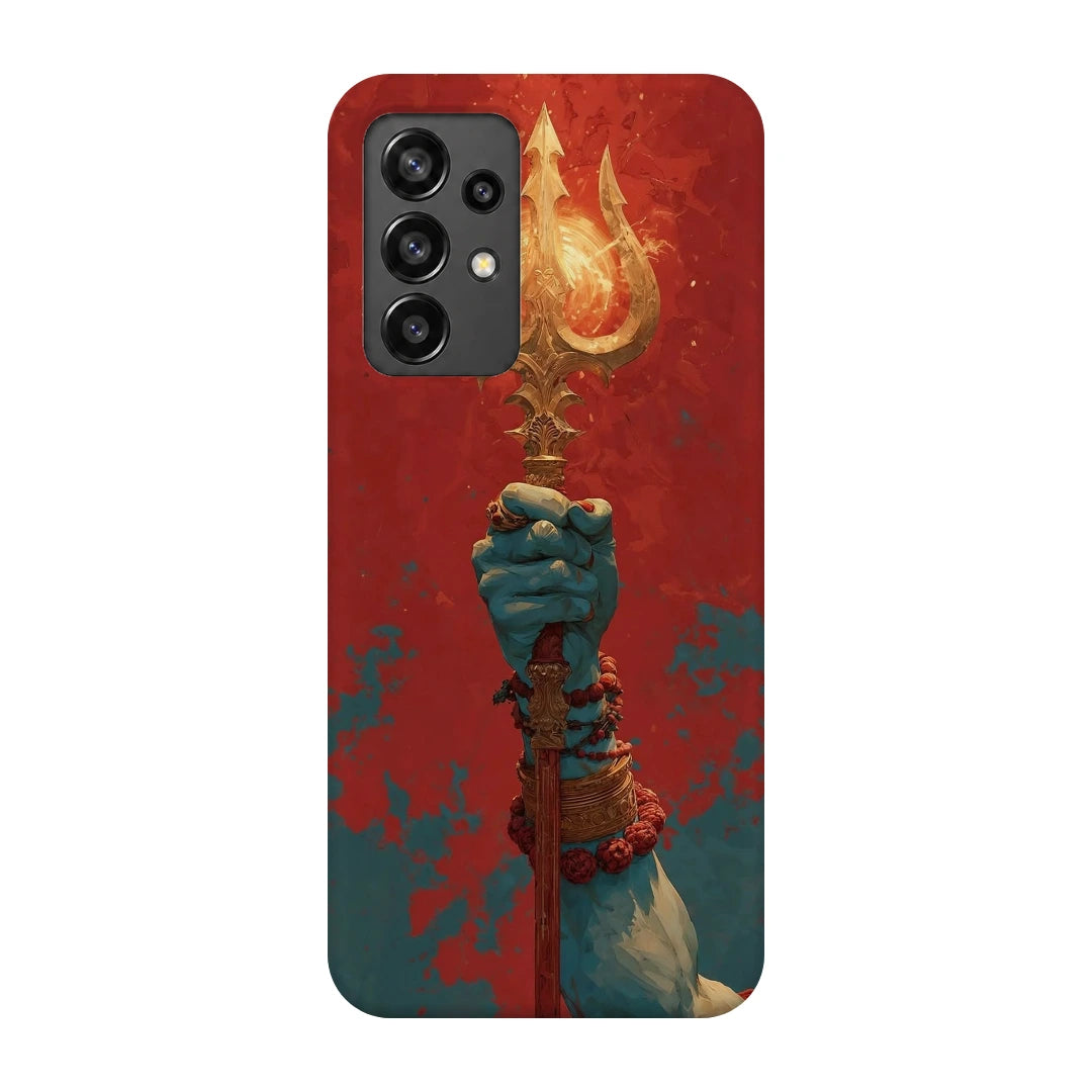 Trishul 3D Print Samsung A32 5G Phone Case, back view; a hand holding a gold trident against a textured red background