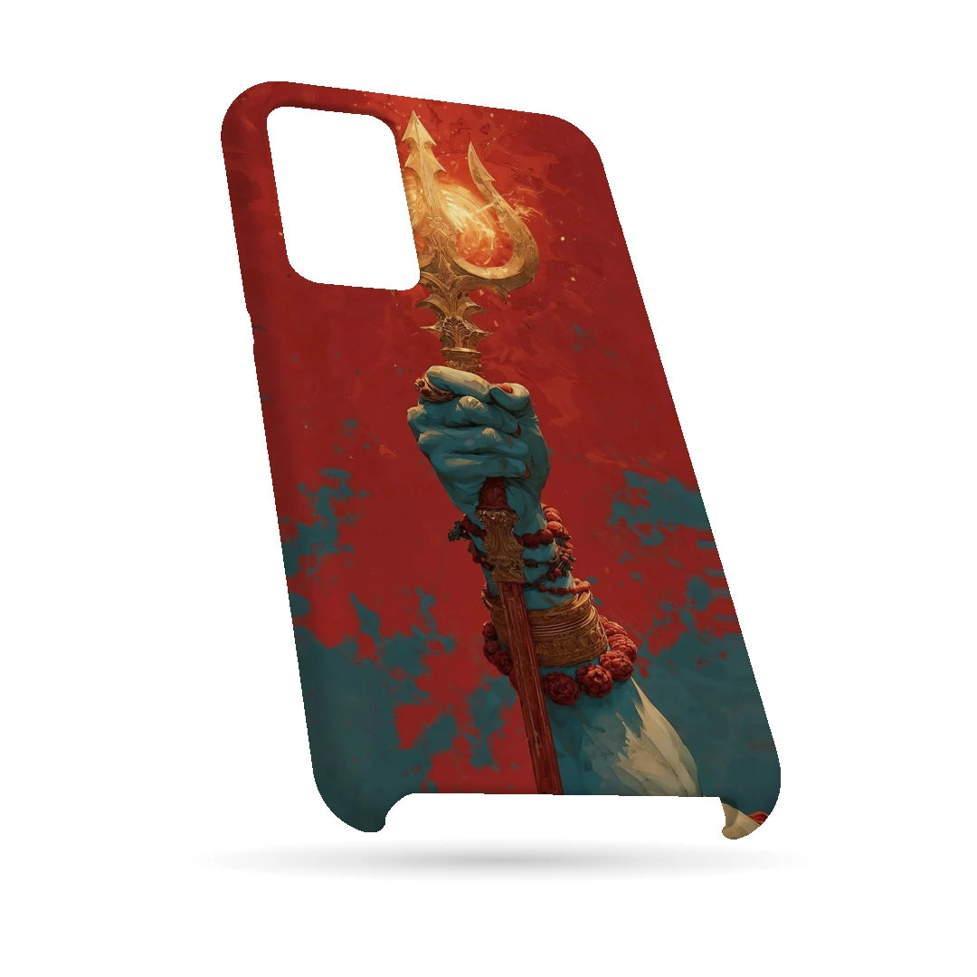 Trishul 3D Print Samsung A32 5G Phone Case, bottom view; a hand holding a gold trident against a textured red background