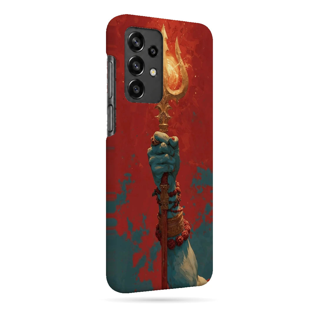 Trishul 3D Print Samsung A32 5G Phone Case, right-side view; a hand holding a gold trident against a textured red background
