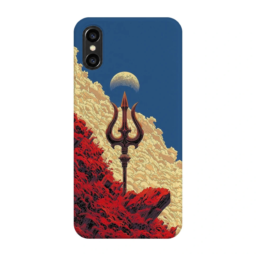 Trishul Mountain Sky 3D Print iPhone XS Max Phone Case, back view; a trident rising above red rocky forms beneath a blue celestial sky