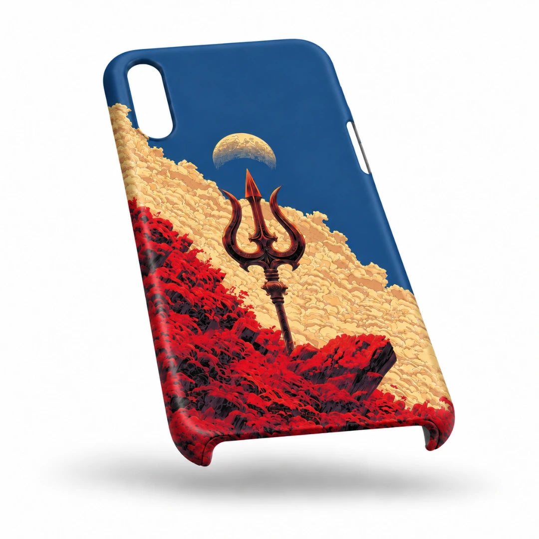 Trishul Mountain Sky 3D Print iPhone XS Max Phone Case, bottom view; a trident rising above red rocky forms beneath a blue celestial sky