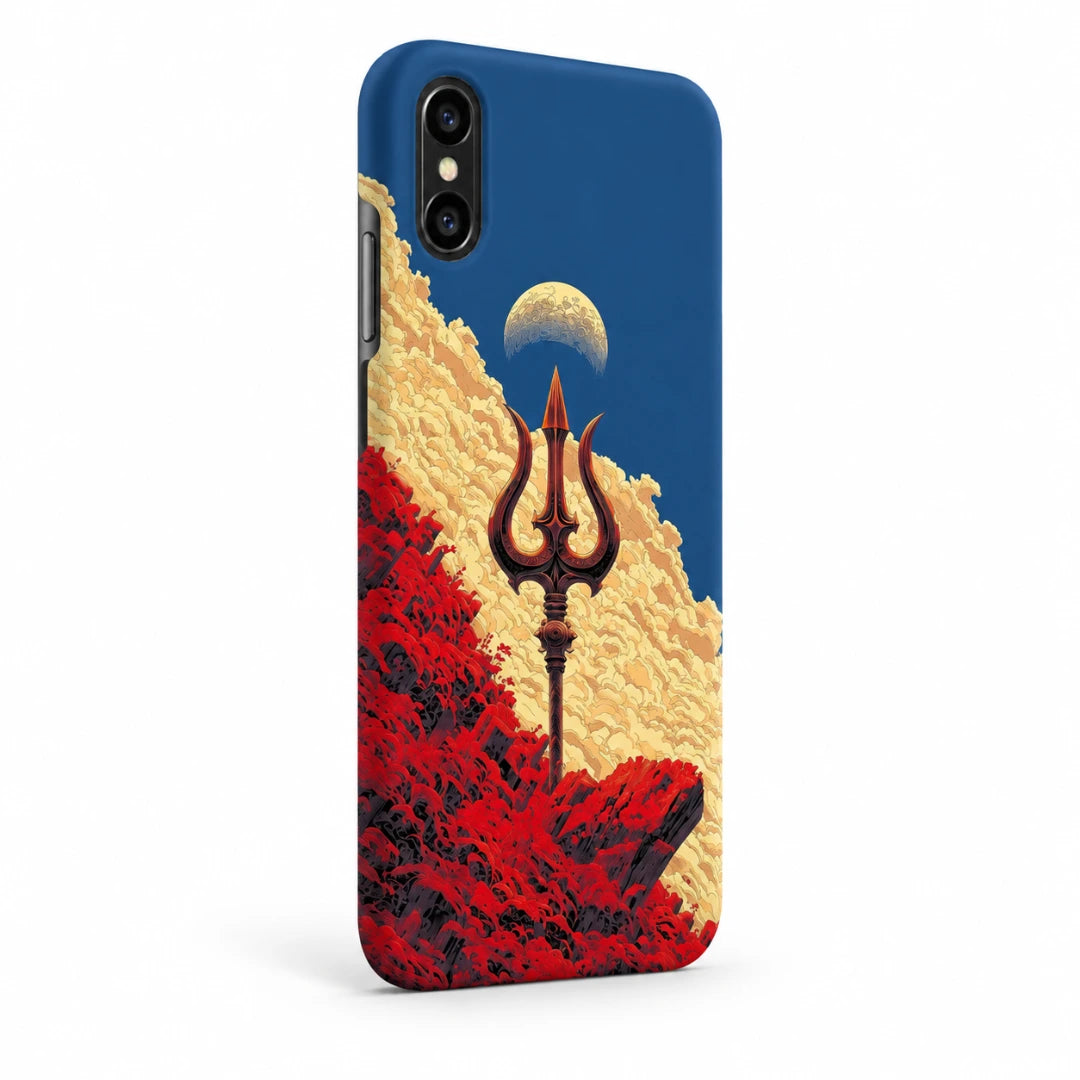 Trishul Mountain Sky 3D Print iPhone XS Max Phone Case, right-side view; a trident rising above red rocky forms beneath a blue celestial sky