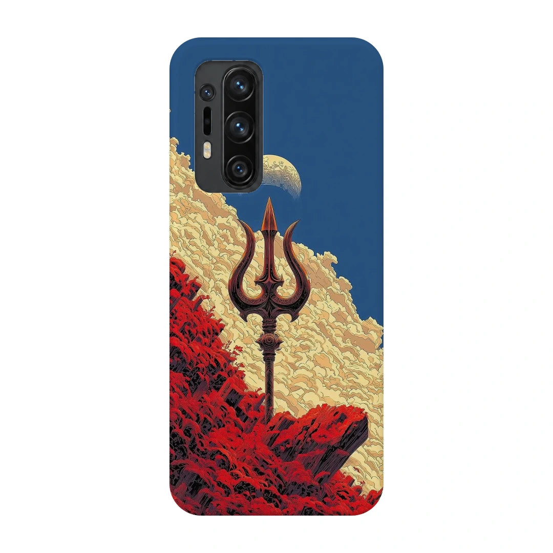 Trishul Mountain Sky 3D Print OnePlus 8 Pro Phone Case, back view; a trident rising above red rocky forms beneath a blue celestial sky
