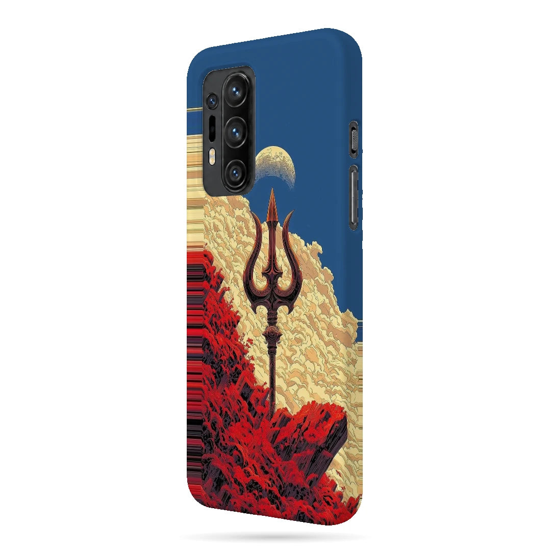 Trishul Mountain Sky 3D Print OnePlus 8 Pro Phone Case, right-side view; a trident rising above red rocky forms beneath a blue celestial sky