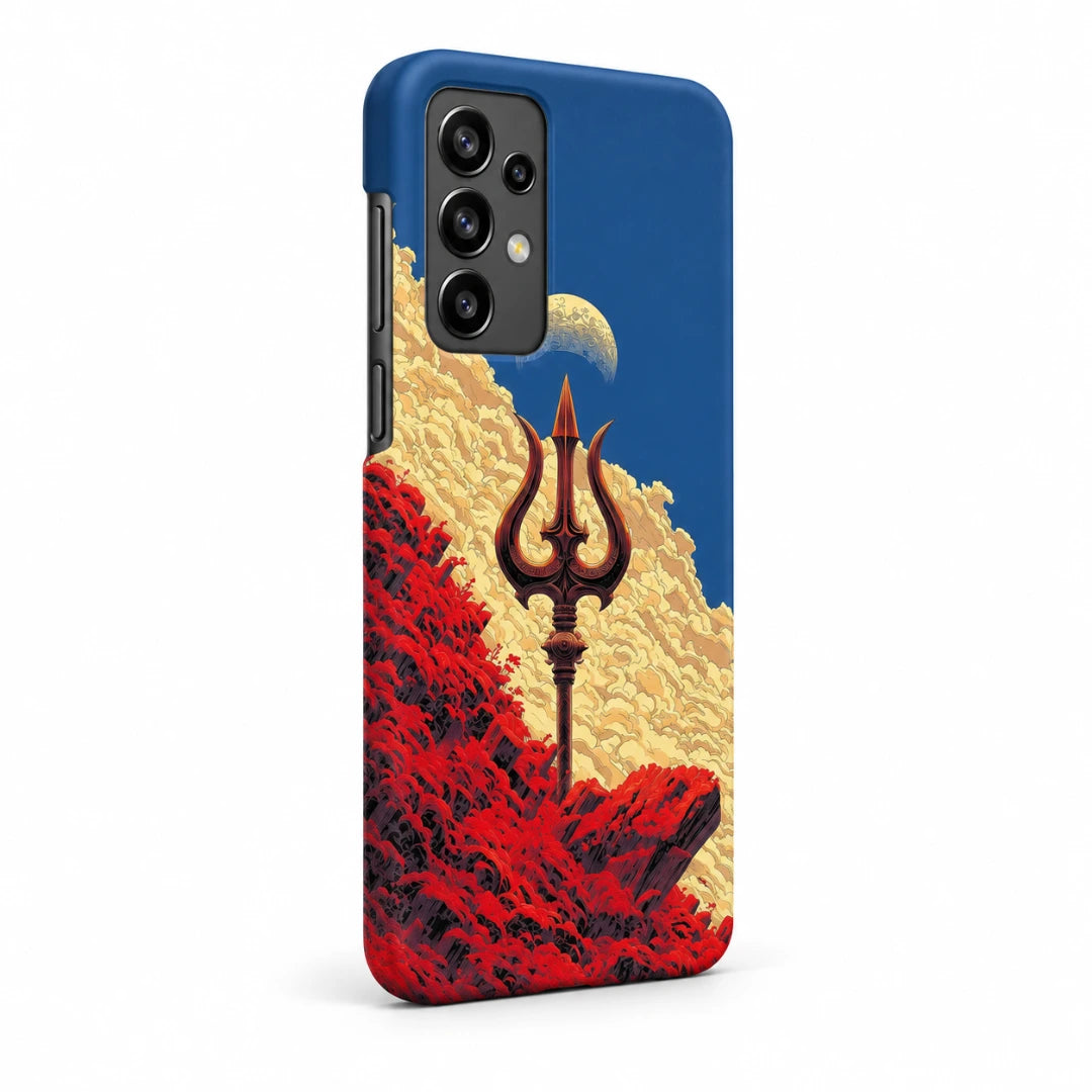 Trishul Mountain Sky 3D Print Samsung A32 4G Phone Case, right-side view; a trident rising above red rocky forms beneath a blue celestial sky