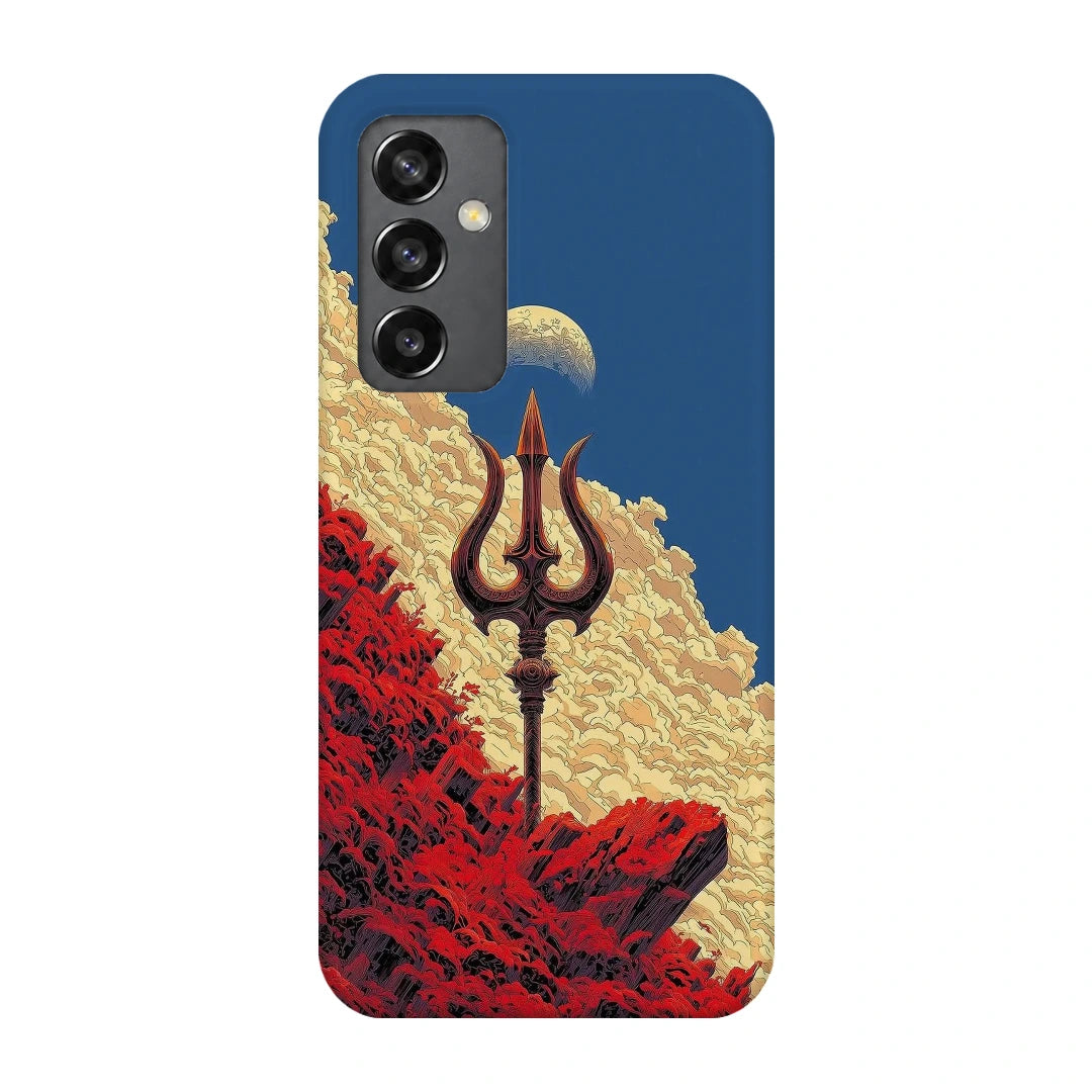 Trishul Mountain Sky 3D Print Samsung A34 5G Phone Case, back view; a trident rising above red rocky forms beneath a blue celestial sky