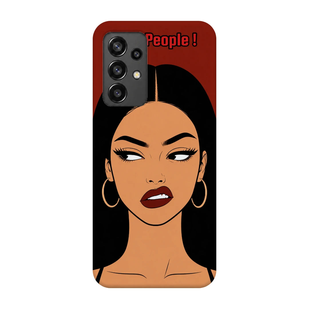 Unimpressed Girl Portrait 3D Print Samsung A32 5G Phone Case, back view; an unimpressed illustrated woman with dark hair on a red background