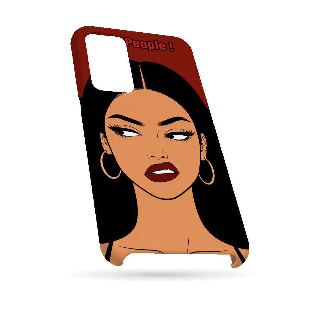 Unimpressed Girl Portrait 3D Print Samsung A32 5G Phone Case, bottom view; an unimpressed illustrated woman with dark hair on a red background