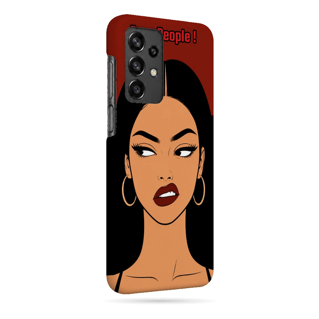 Unimpressed Girl Portrait 3D Print Samsung A32 5G Phone Case, right-side view; an unimpressed illustrated woman with dark hair on a red background