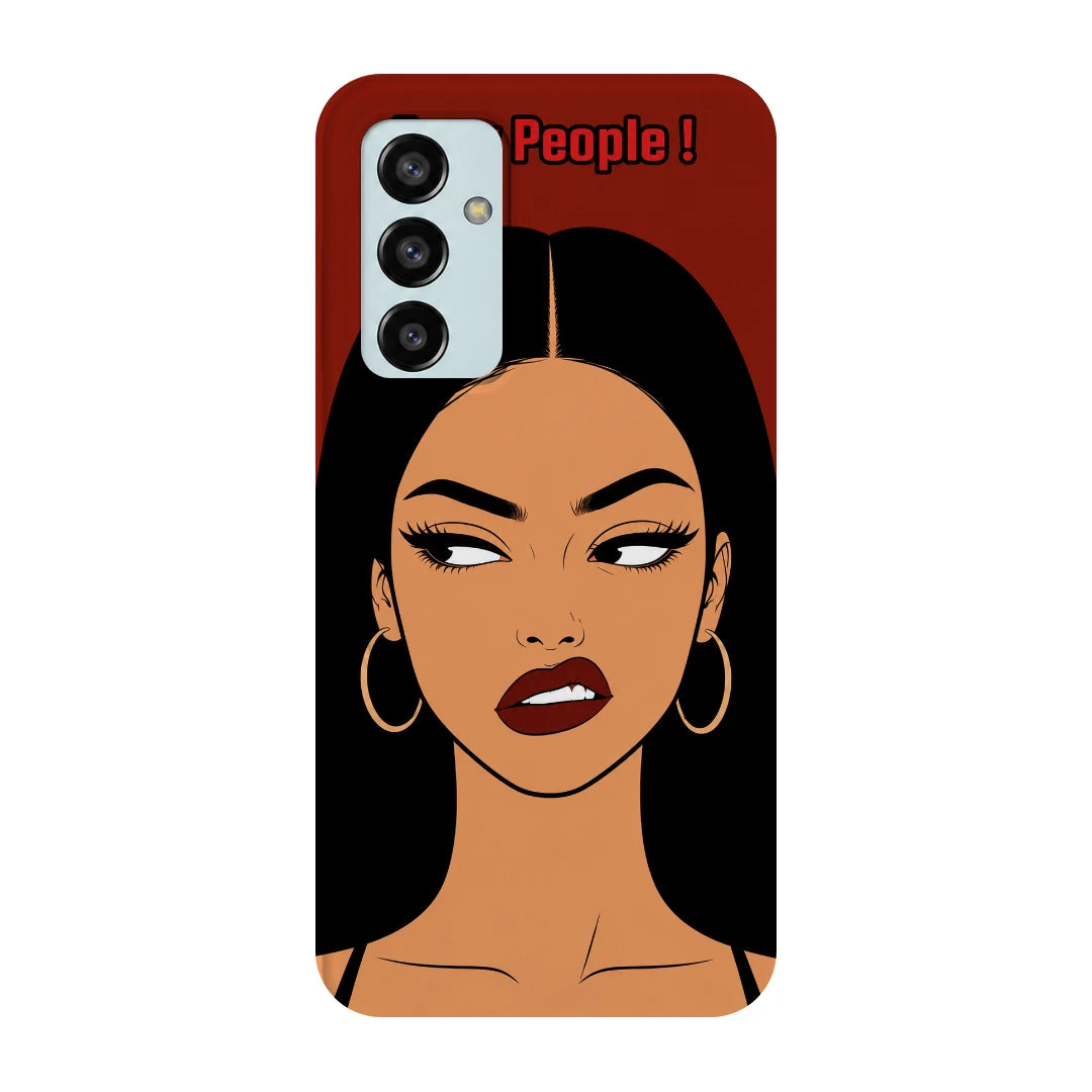 Unimpressed Girl Portrait 3D Print Samsung F13 Phone Case, back view; an unimpressed illustrated woman with dark hair on a red background