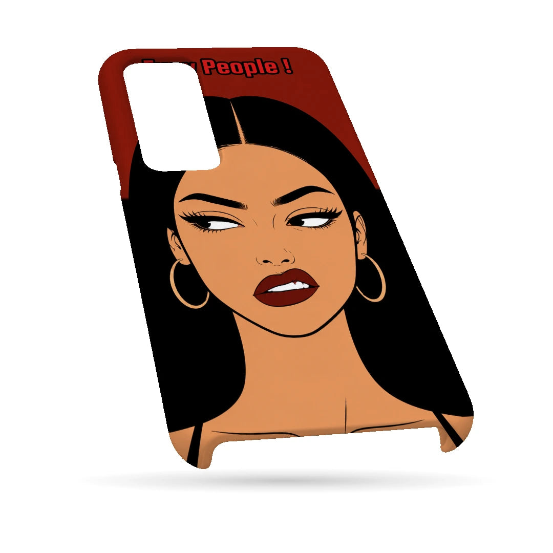 Unimpressed Girl Portrait 3D Print Samsung F13 Phone Case, bottom view; an unimpressed illustrated woman with dark hair on a red background