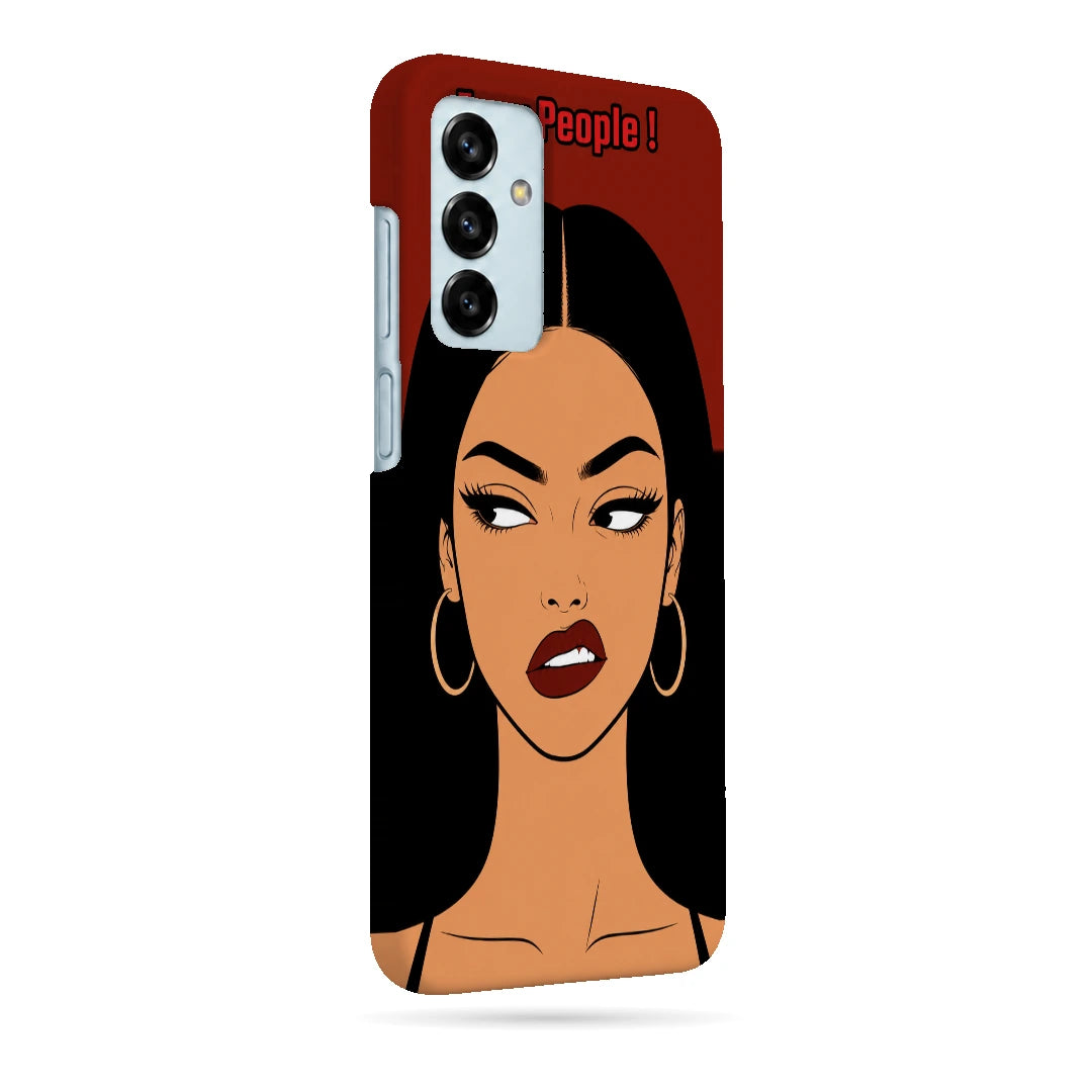 Unimpressed Girl Portrait 3D Print Samsung F13 Phone Case, right-side view; an unimpressed illustrated woman with dark hair on a red background