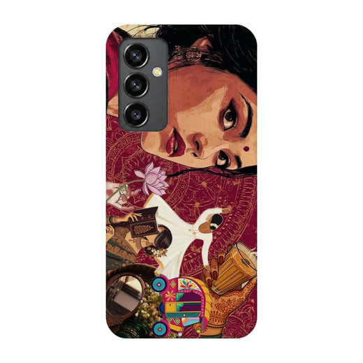 Vintage Desi Portrait 3D Print Samsung S23 FE Phone Case, back view; a close-up illustrated woman above a colorful vintage-style collage