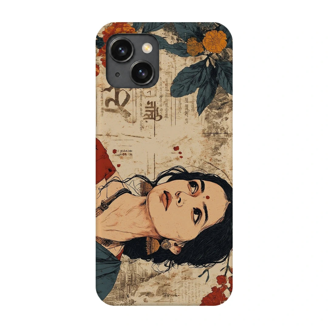 Vintage Floral Portrait 3D Print iPhone 15 Plus Phone Case, back view; an illustrated woman surrounded by cream paper textures and orange flowers