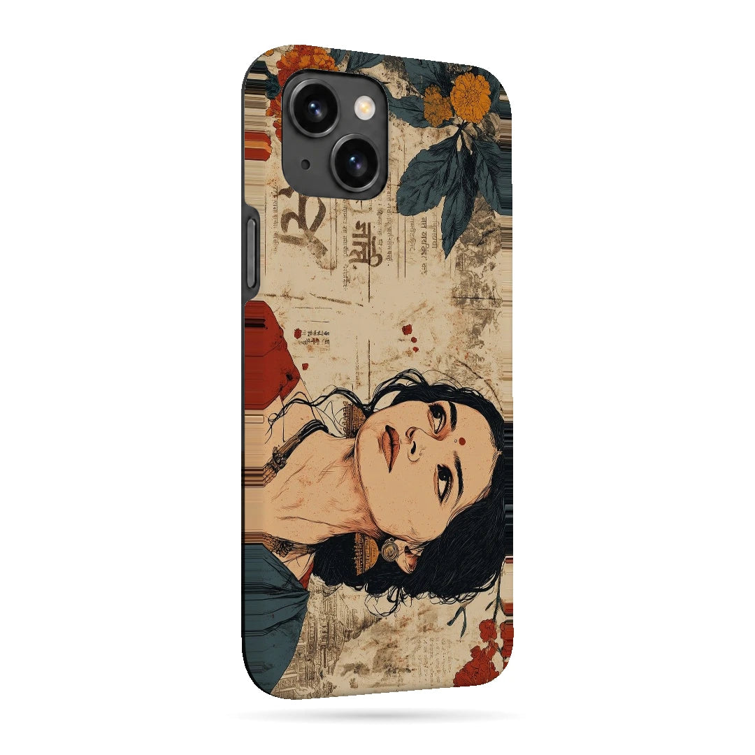 Vintage Floral Portrait 3D Print iPhone 15 Plus Phone Case, right-side view; an illustrated woman surrounded by cream paper textures and orange flowers