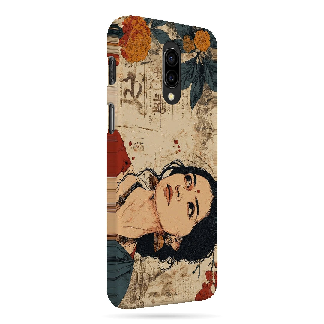 Vintage Floral Portrait 3D Print OnePlus 6T Phone Case, right-side view; an illustrated woman surrounded by cream paper textures and orange flowers