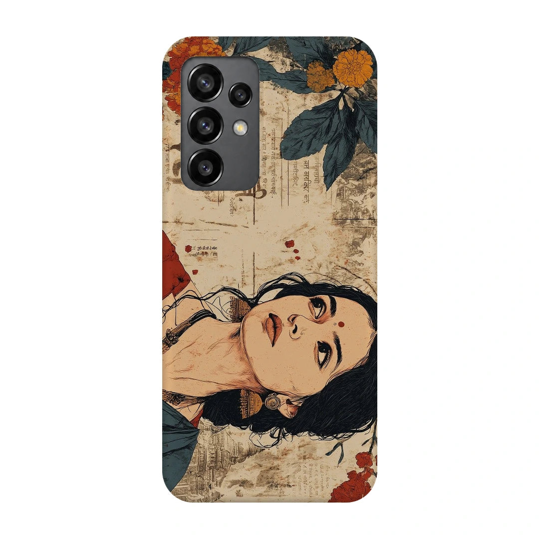 Vintage Floral Portrait 3D Print Samsung A13 4G Phone Case, back view; an illustrated woman surrounded by cream paper textures and orange flowers