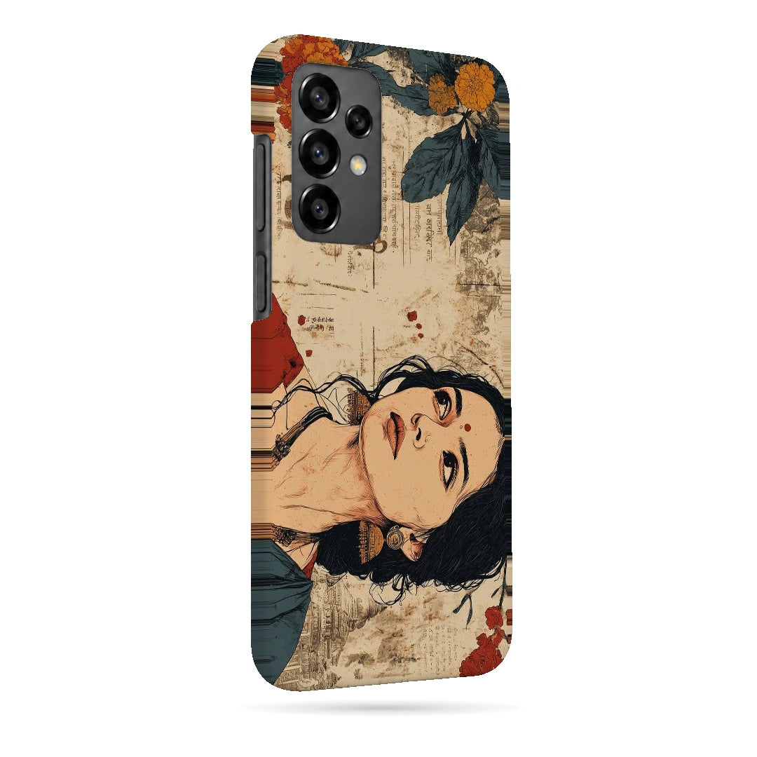 Vintage Floral Portrait 3D Print Samsung A13 4G Phone Case, right-side view; an illustrated woman surrounded by cream paper textures and orange flowers